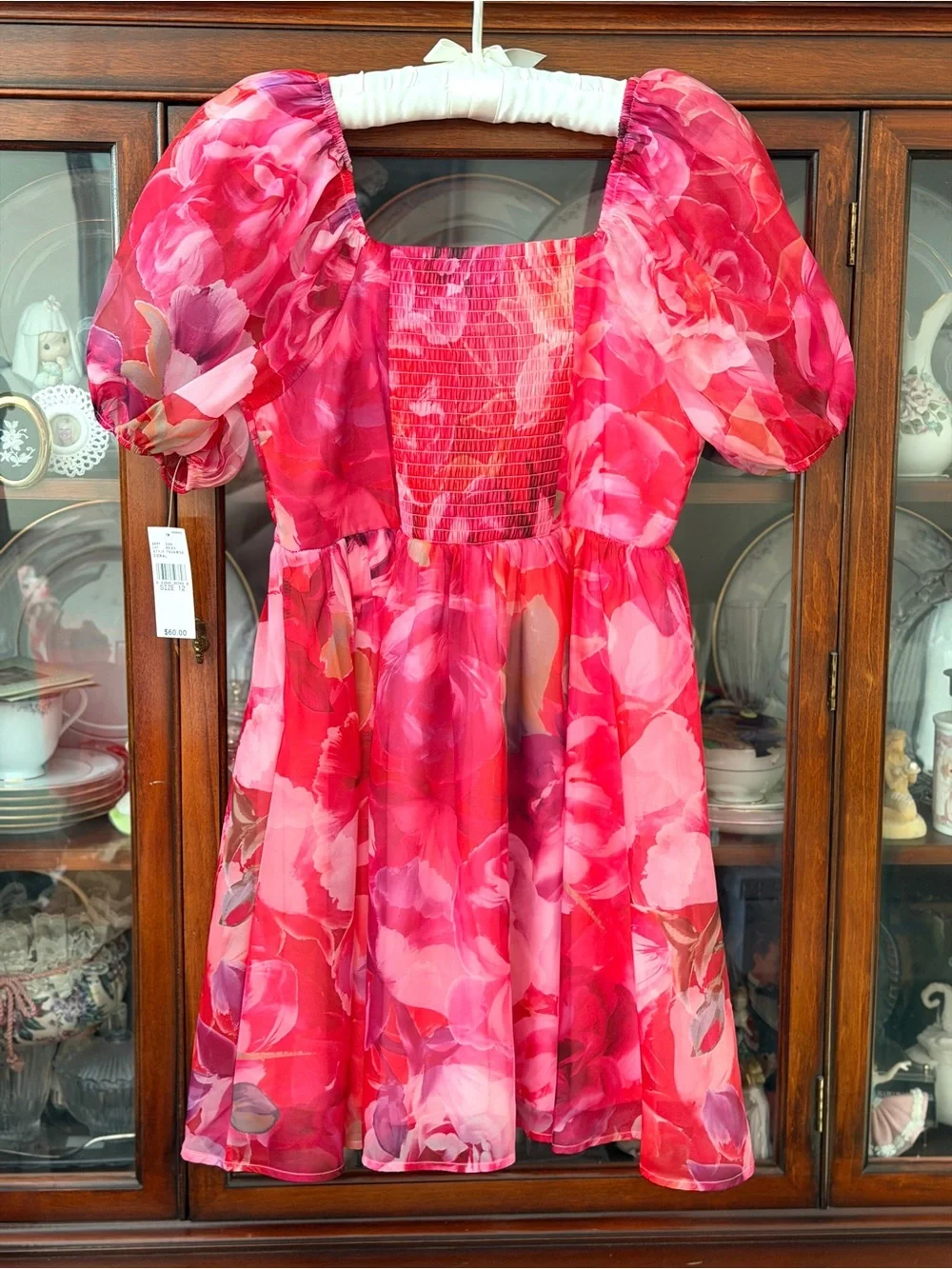 New Girls Dress Red & Pink Floral Puff-Sleeve Size 12